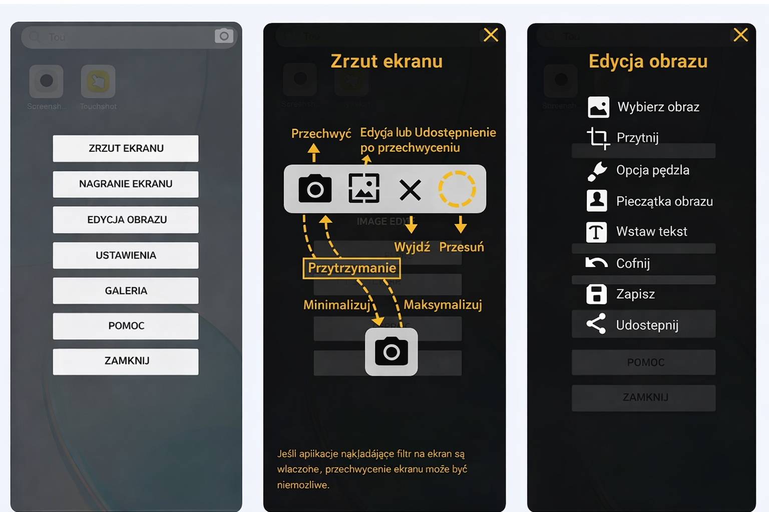 Aplikacja Touchshot na telefonie z Androidem z funkcją wykonywania zrzutów ekranu