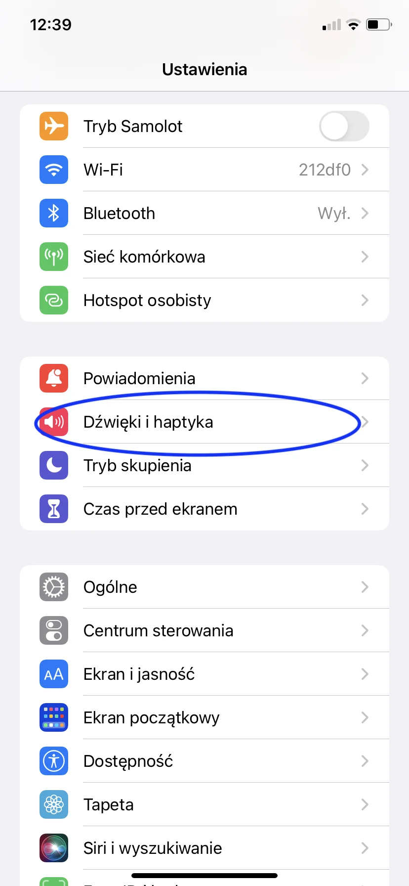 Wybierz sekcję „Dźwięki i haptyka”