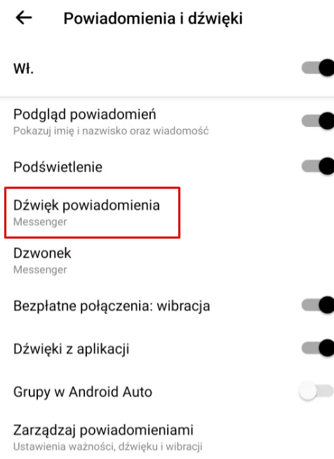 Wybierz „Dźwięk powiadomienia”, aby zmienić dźwięk powiadomienia o wiadomości.
