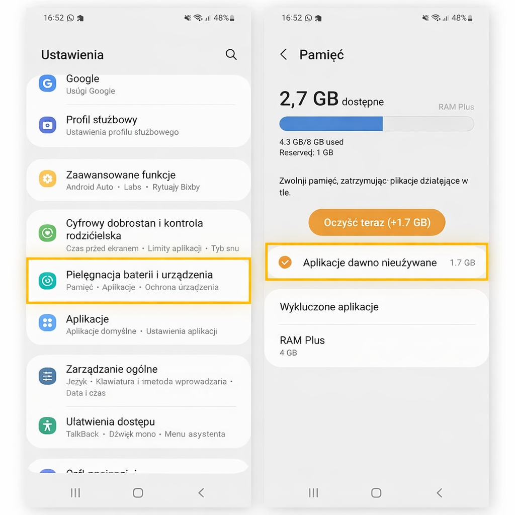 Czyszczenie pamięci telefonu w Samsungu poprawia jego wydajność