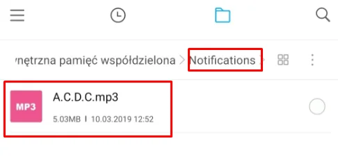 Zapisz plik audio w formacie MP3 w folderze „ Notifications” w telefonie.