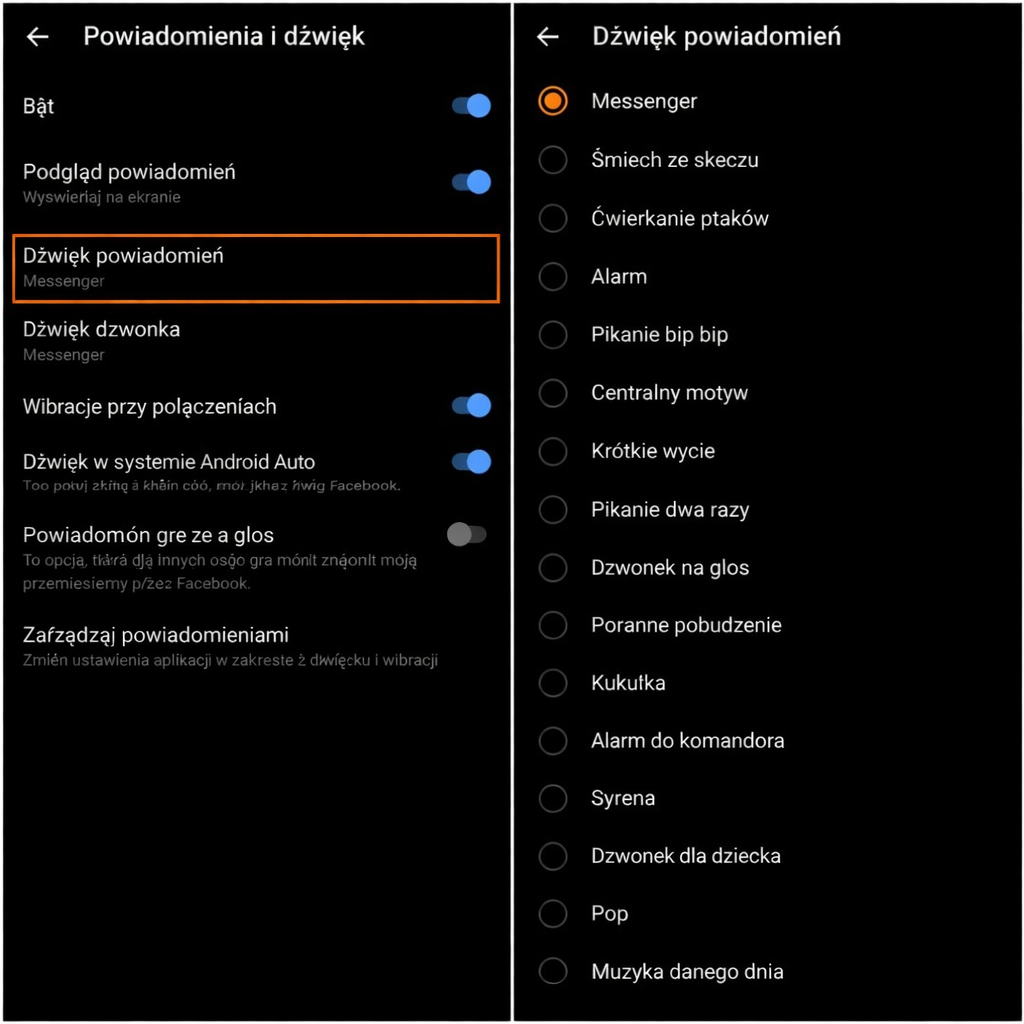 Wybór dzwonka w ustawieniach Androida